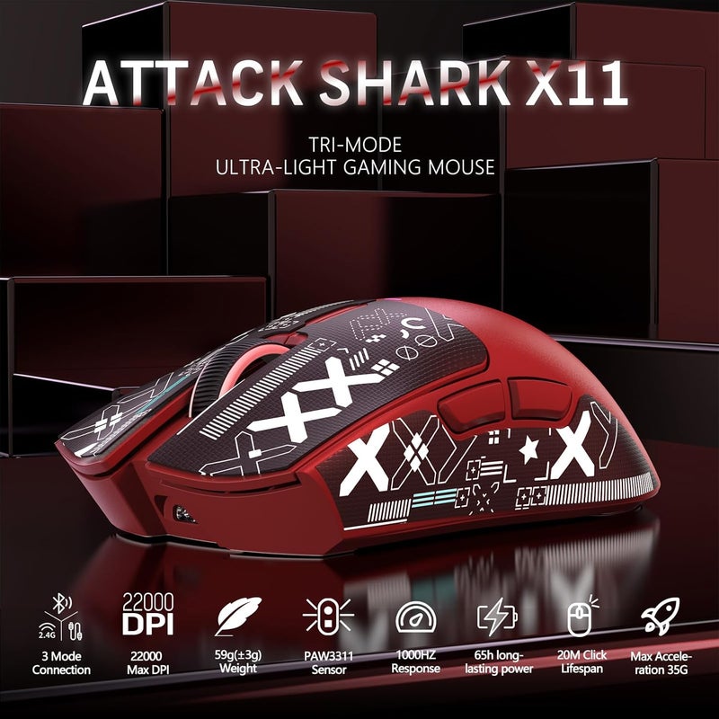 Magic-Refiner Attack Shark X11 59g Superlight Wireless Gaming Mouse with Grip Tape, RGB Charging Dock，BT/2.4G Wireless/Wired Pc Mouse, 22000 DPI,5 Programmable Buttons for Pc/Mac(Red) - Image 2